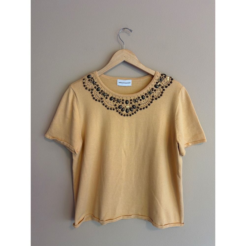 Yellow Beaded Sequin Embellished Knit Short Sleeve Sweater